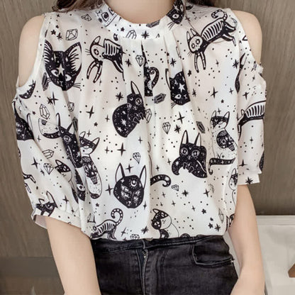 Kitty Print Cold Shouder Chiffon Shirt Casual Denim Shorts modakawa