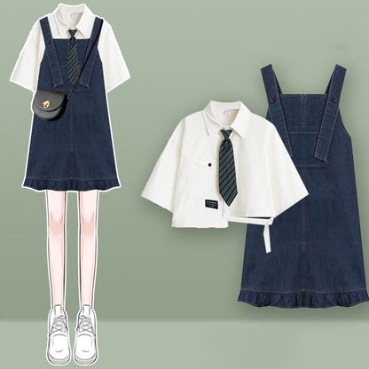 Pocket Lapel Tie T-Shirt Denim Overall Dress Set modakawa