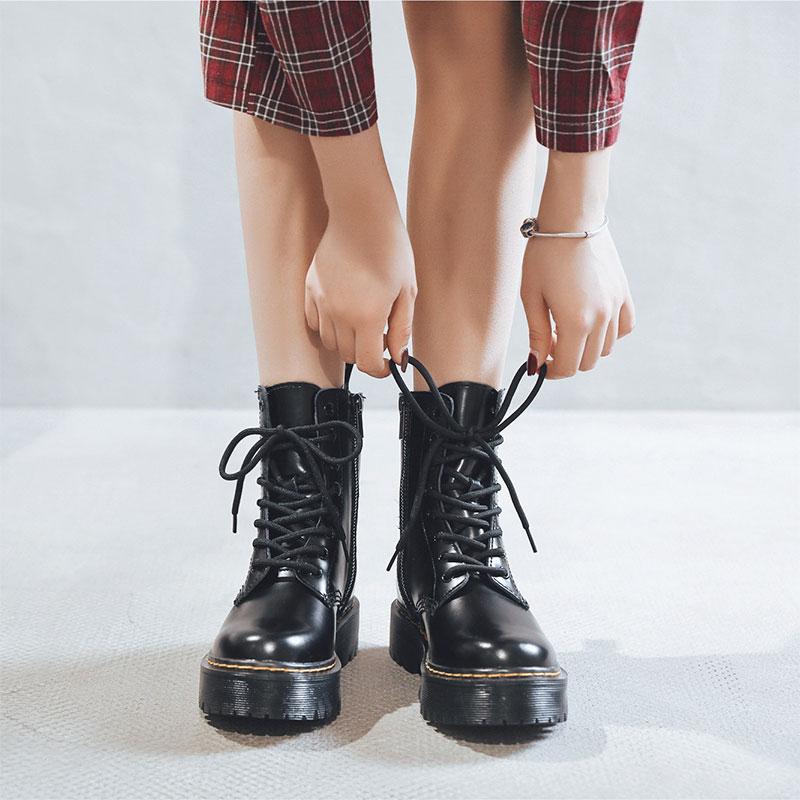 Black Leather Platform Lace Up Martin Boots Modakawa