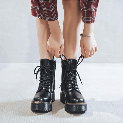 Black Leather Platform Lace Up Martin Boots Modakawa