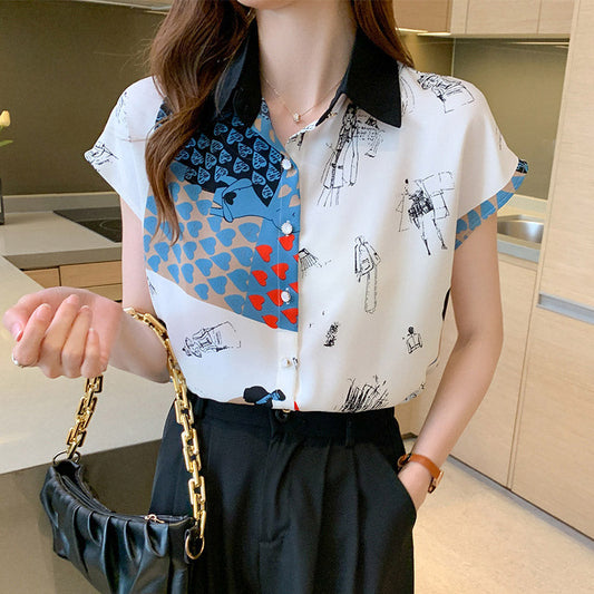 Vintage Colorblock Print Blouse Workwear Modakawa