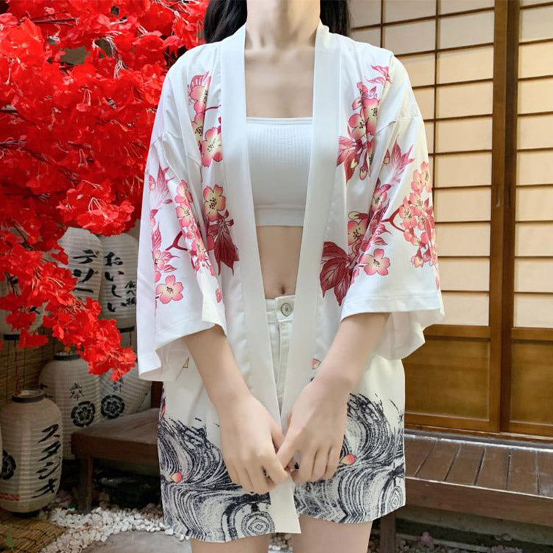 Vintage Crane Sakura Floral Print Cardigan Kimono Outerwear modakawa