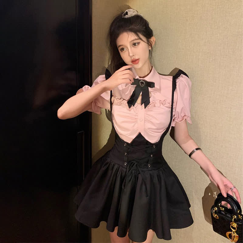 Pink Love Heart Hollow Out Bowknot T-Shirt Lace up Suspender Dress modakawa