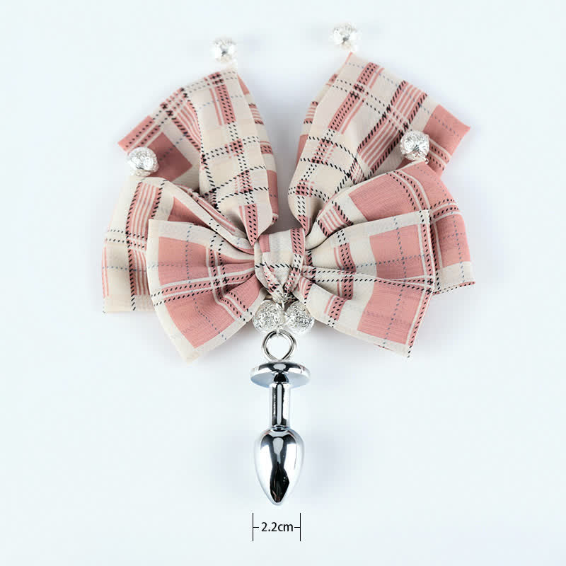 Pink Plaid Bowknot Bell Choker Anal Plug SM Accessories modakawa