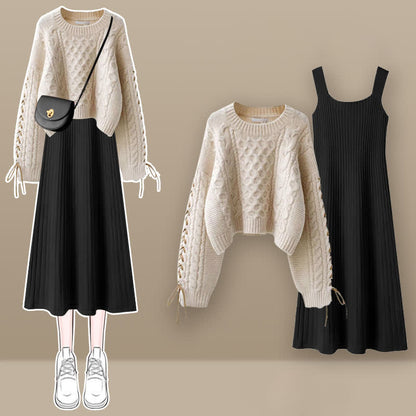 Sweet Cable Sweater Knit Slip Dress Set modakawa