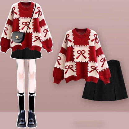 Bow Knot Print Sweater Plaid Pleated Skirt Set modakawa