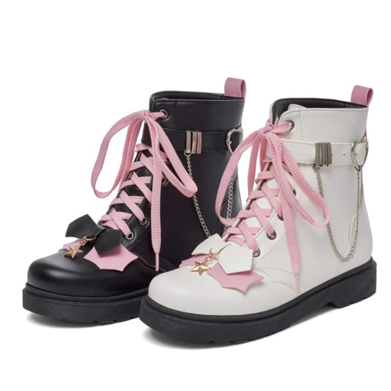 Pink Bow Knot Chain Lace-up Front Boots Modakawa