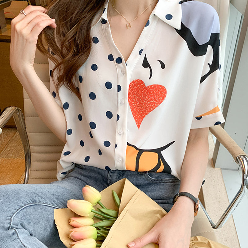 Heart Polka Dots Print Blouse Workwear modakawa