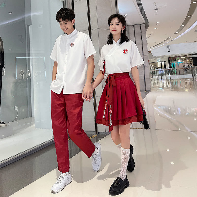 Couple Vintage Embroidery T-Shirt Lace Up Skirt Pants modakawa