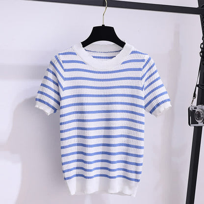 Blue Stripe Knitted T-Shirt High Waist Denim Skirt modakawa