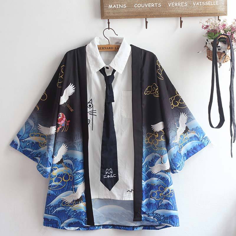 Crane Print Belted Kimono Outerwear Sun Protective Modakawa