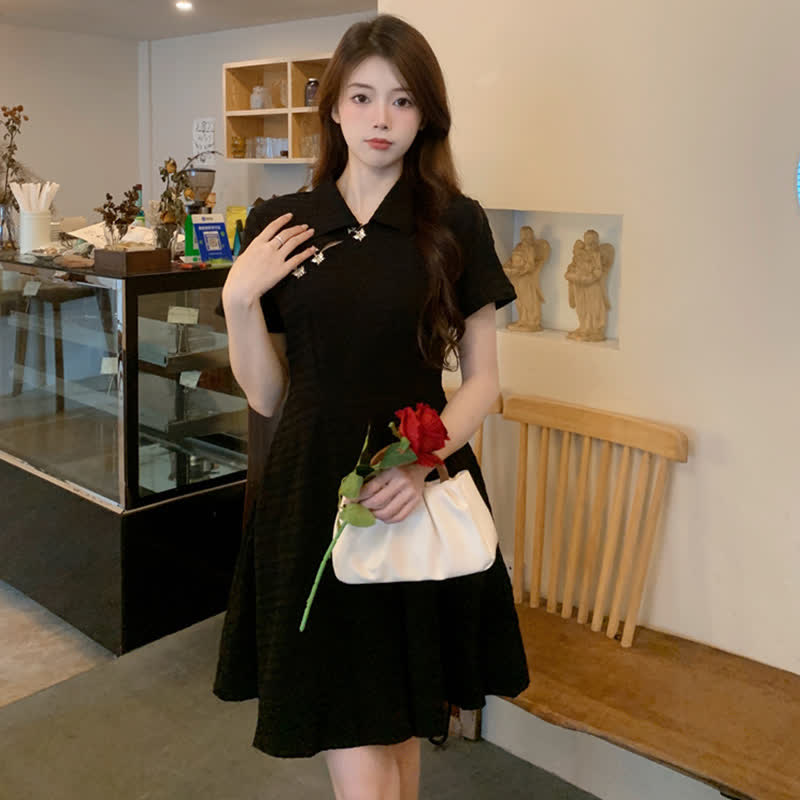 Elegant Black Lapel A-line Cheongsam Dress modakawa