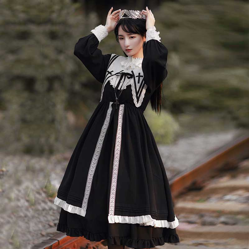 Elegant Lace Up Lolita Dark Maid Dress Modakawa