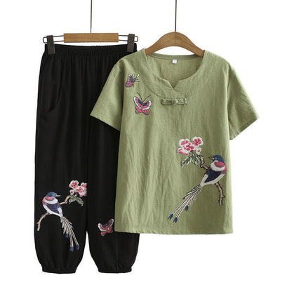 Vintage Bird Embroidery Buckle T-Shirt Pants Set modakawa