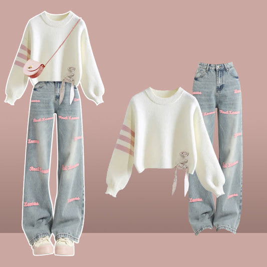 Sweet Stripe Sleeve Sweater Letter Casual Denim Pants modakawa