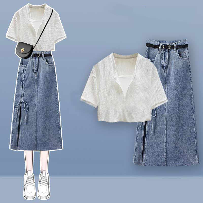 Fake Two Pieces Crop Top  T-Shirt Split Denim Skirt modakawa