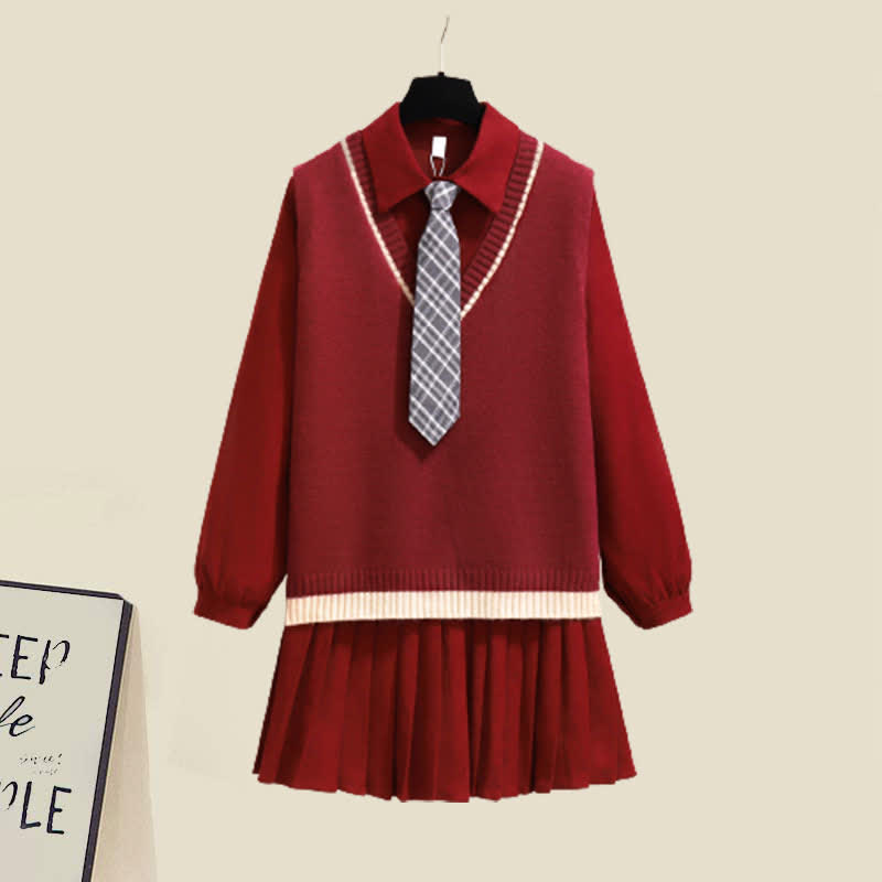 Preppy style Knit Vest Lapel Tie Pleated Shirt Dress Set modakawa