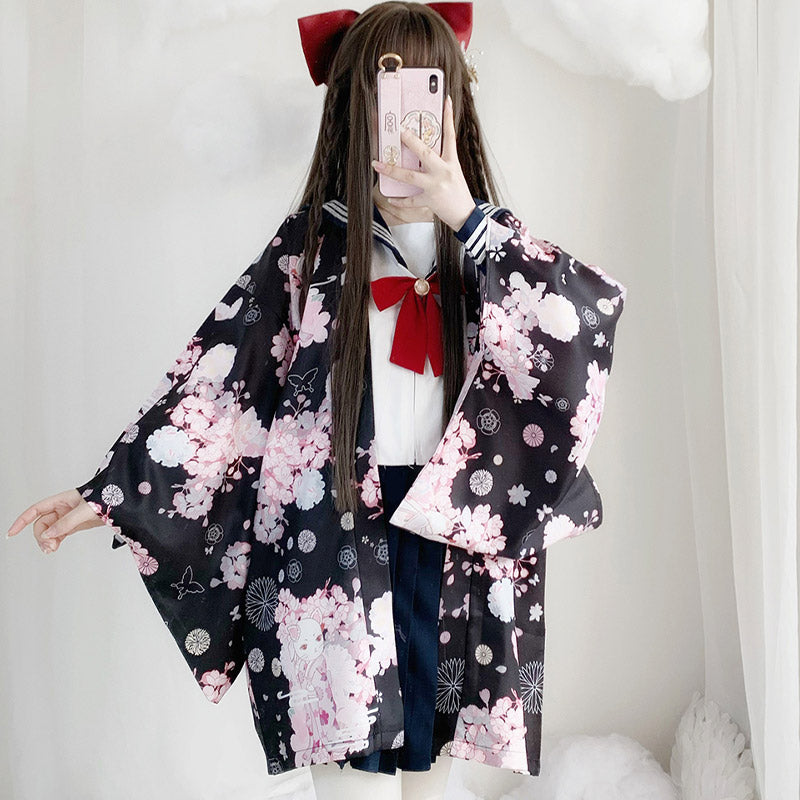 Cat Sakura Print Loose Cardigan Kimono Outerwear modakawa