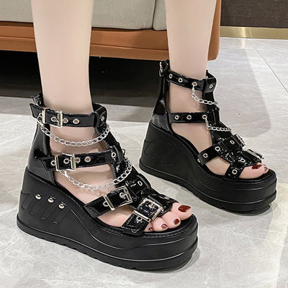 Y2K Black Open Toe Wedge Heel Sandals modakawa