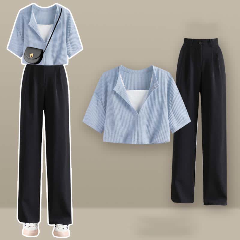 Fake Two Pieces Crop Top T-Shirt Casual Pants Set modakawa