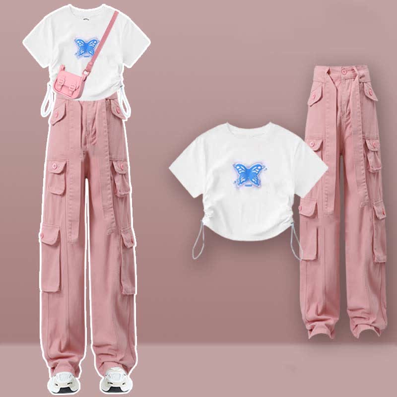 Butterfly Print Draw String T-Shirt Pocketed Cargo Pants modakawa