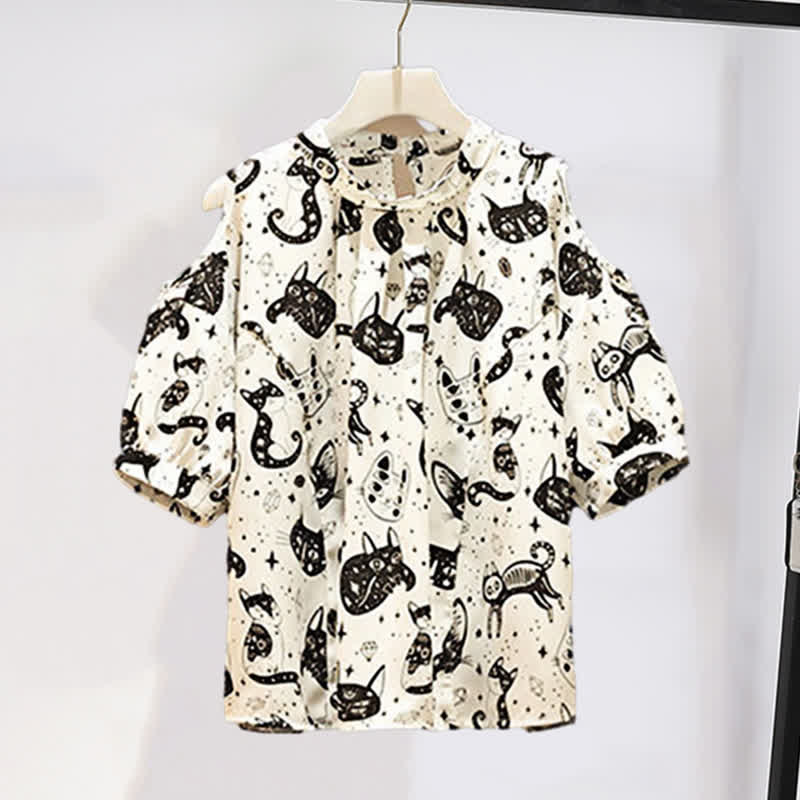 Kitty Print Cold Shouder Chiffon Shirt Casual Denim Shorts modakawa