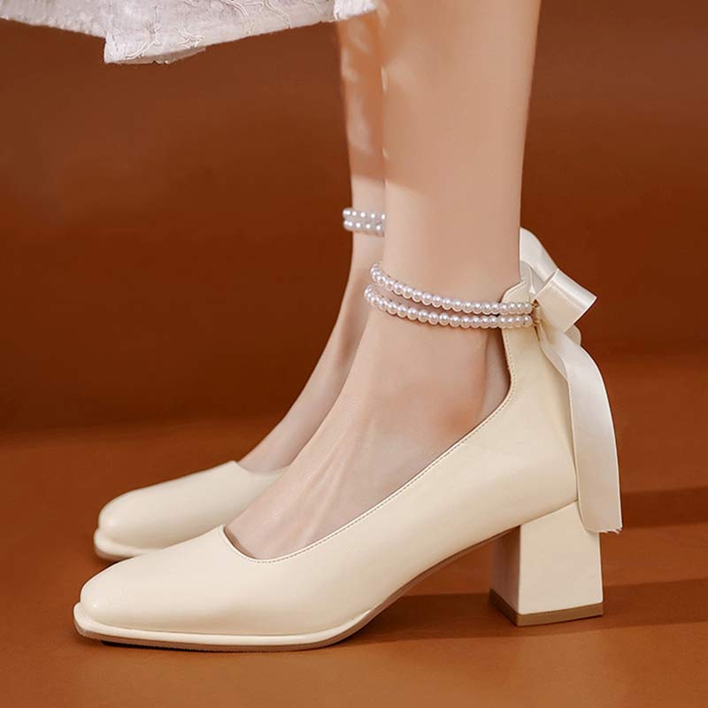 Elegant Pearl Bow High-heeled Shoes Modakawa