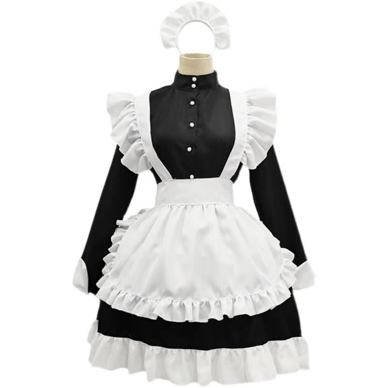 Black Button Long Sleeve Ruffled Lolita Maid Dress Modakawa