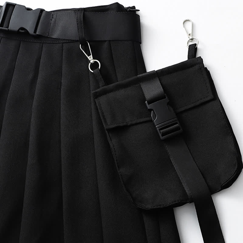 Black Cool Buckle Strap Zipper Crop Top Belted Pleated Skirt modakawa