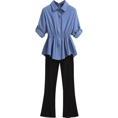 Blue Lapel Chiffon Shirt Flared Split Pants modakawa