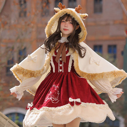 Cartoon Antler Plush Hooded Cloak Lolita Coat modakawa