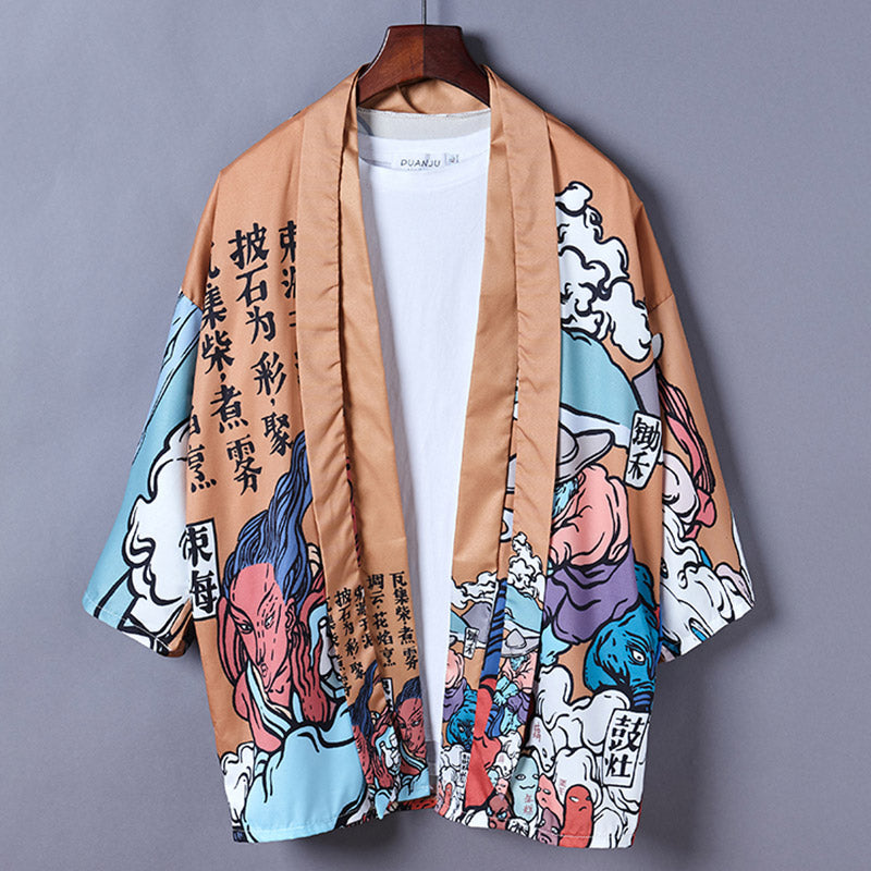 Cartoon Fire Print Casual Vintage Kimono Outerwear Modakawa