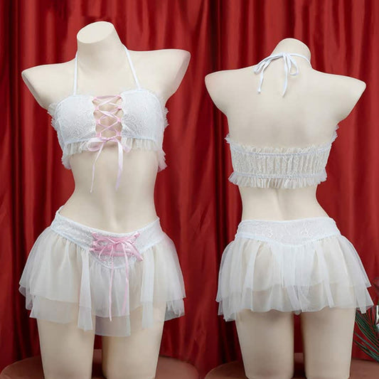 Sweet Halter Lace up Chiffon Maid Lingerie Set modakawa