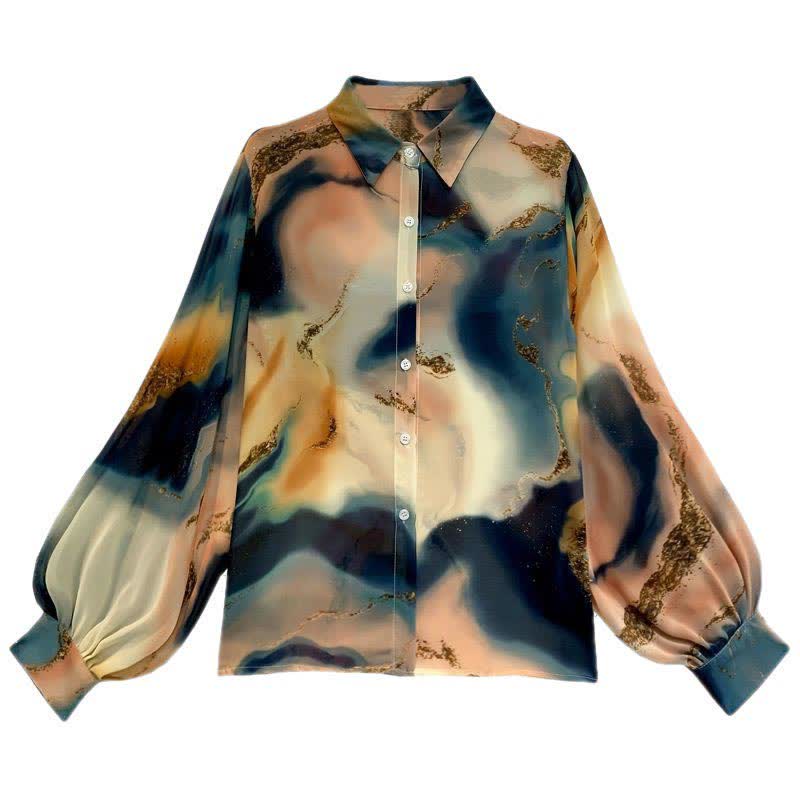 Fashion Colorblock Tie-dye Print Puff Sleeve Shirt modakawa