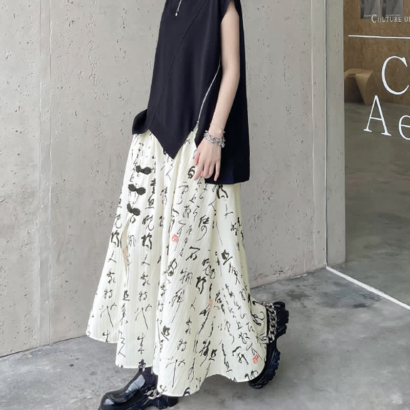 Elegant Character Print Buckle Split Skirt modakawa