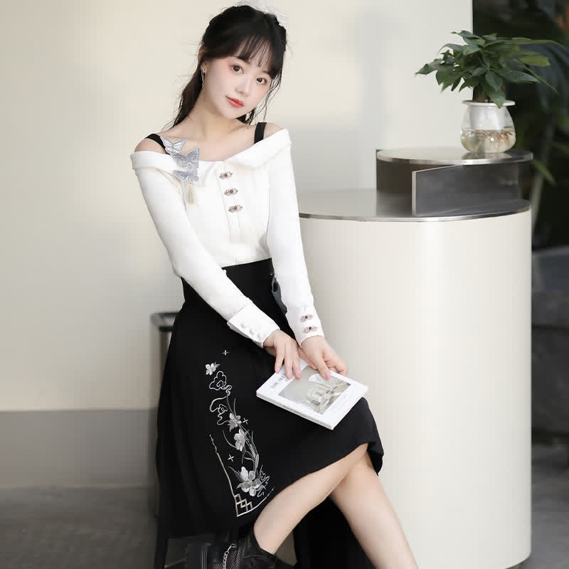 Sweet Embroidery Off The Shoulder Butterfly Shirt Irregualr Bow Pleated Skirt modakawa