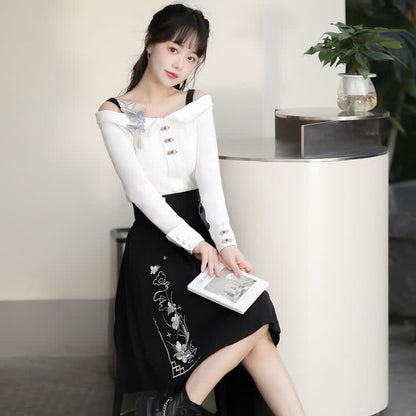 Sweet Embroidery Off The Shoulder Butterfly Shirt Irregualr Bow Pleated Skirt modakawa