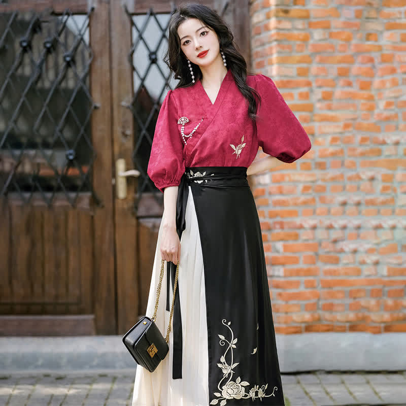 Vintage Rose Embroidery Shirt Stitching Pleated Skirt 6217900000