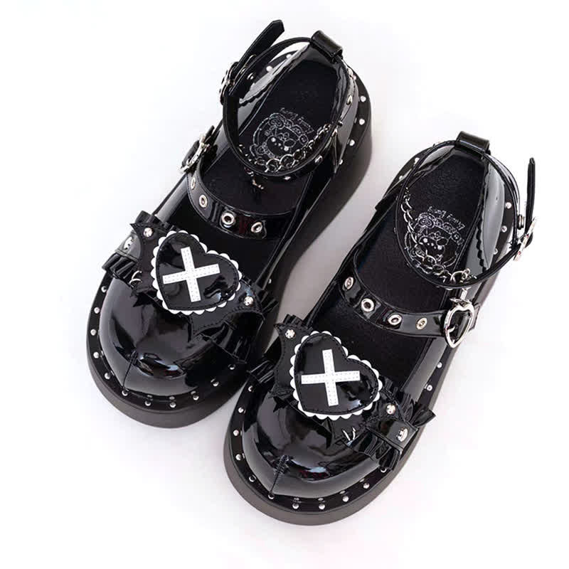 Sweet Punk Cross Love Heart Chain Strap Buckle Platform Shoes modakawa