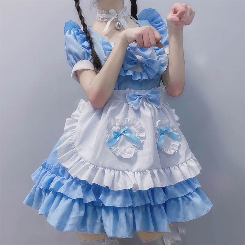 Kawaii Blue Lace Up Bow Maid Lolita Dress Modakawa