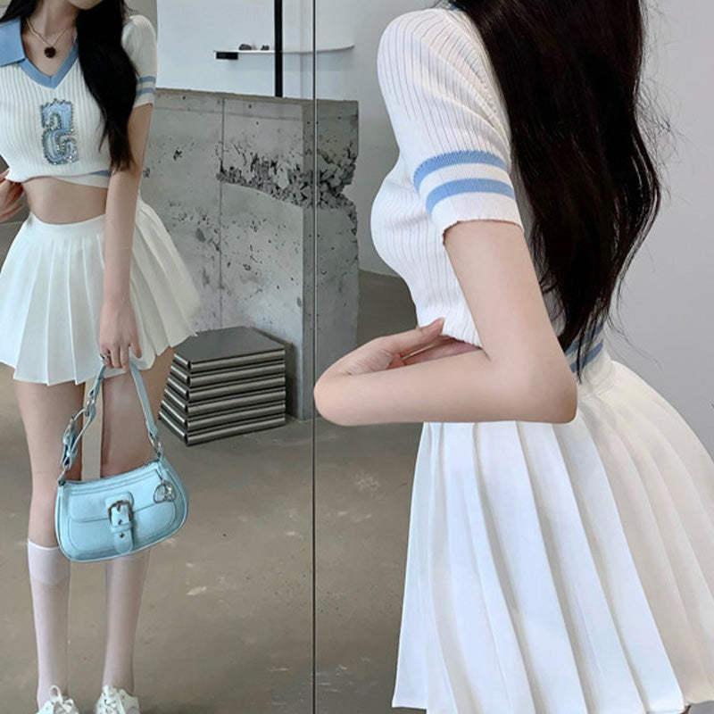 Sweet Letter Print Colorblock T-Shirt Pleated Skirt Modakawa