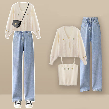 Embroidery Top Cardigan Blue Denim Pants Set modakawa