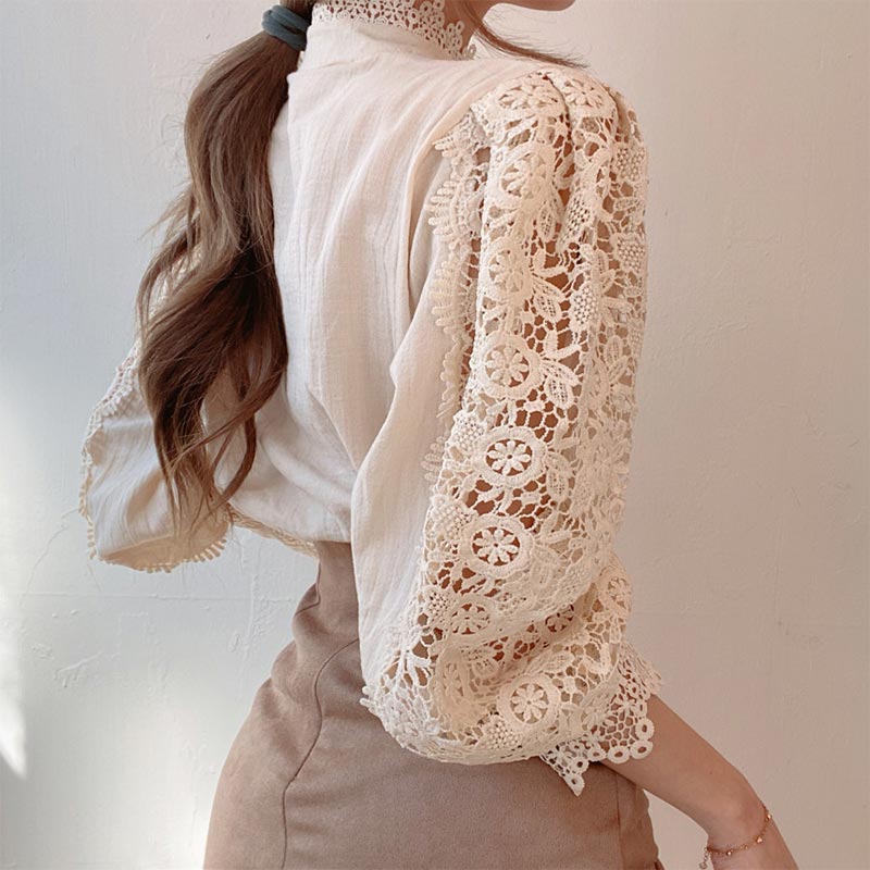 Elegant Pearl Hollow Out Lace Shirt Modakawa