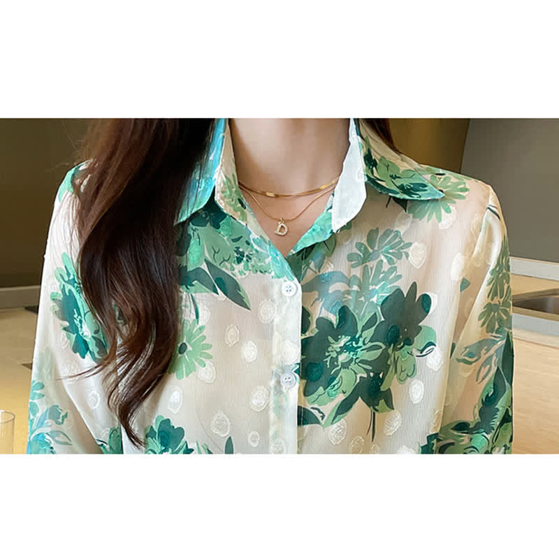 Green Floral Print Puff Sleeve Chiffon Shirt modakawa