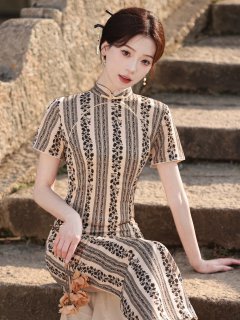 Stripe Flora Short Sleeve Long Cheongsam Hanfu Story