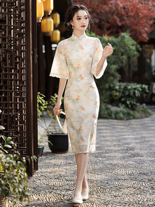 Spring Floral Wide Sleeve Long Cheongsam Hanfu Story