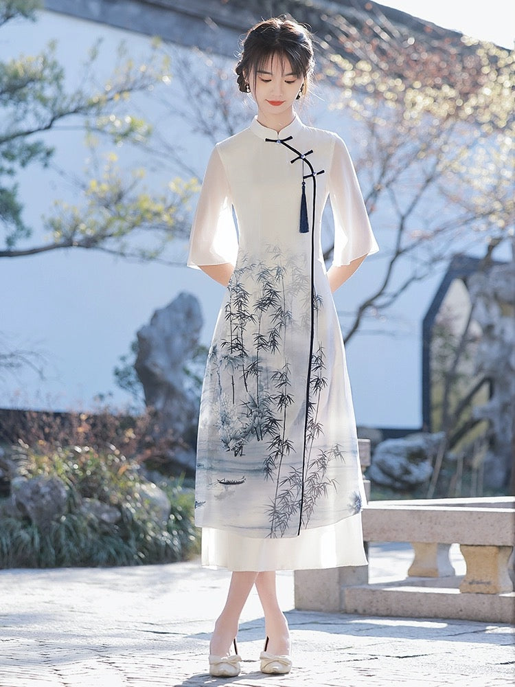 White Elegant Wide Sleeve Long Cheongsam Hanfu Story