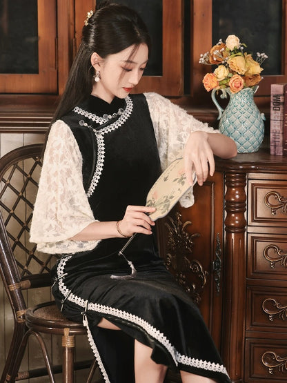 Vintage Lace Sleeve Long Cheongsam Hanfu Story