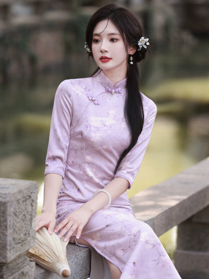 Classic Purple Floral Cheongsam Hanfu Story