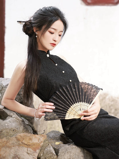 Black Elegant Sleeveless Long Cheongsam Hanfu Story